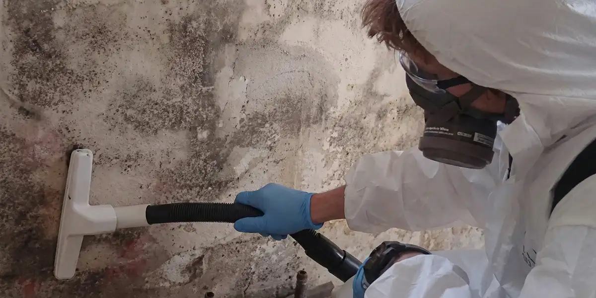 professional mold removal technician wearing protective equipment removing mold from a wall in Chicago, IL